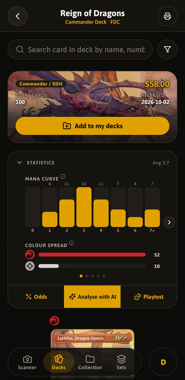 The statistics of a Commander deck in KardFire